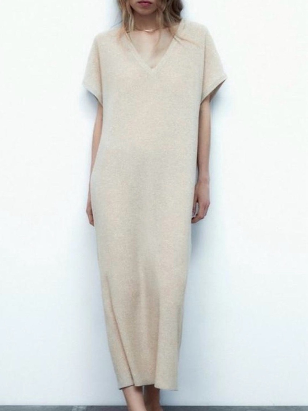 Zara Soft Cream Glitter V-Neck Maxi Tunic Dress Size Medium *flaw - fabric pull*